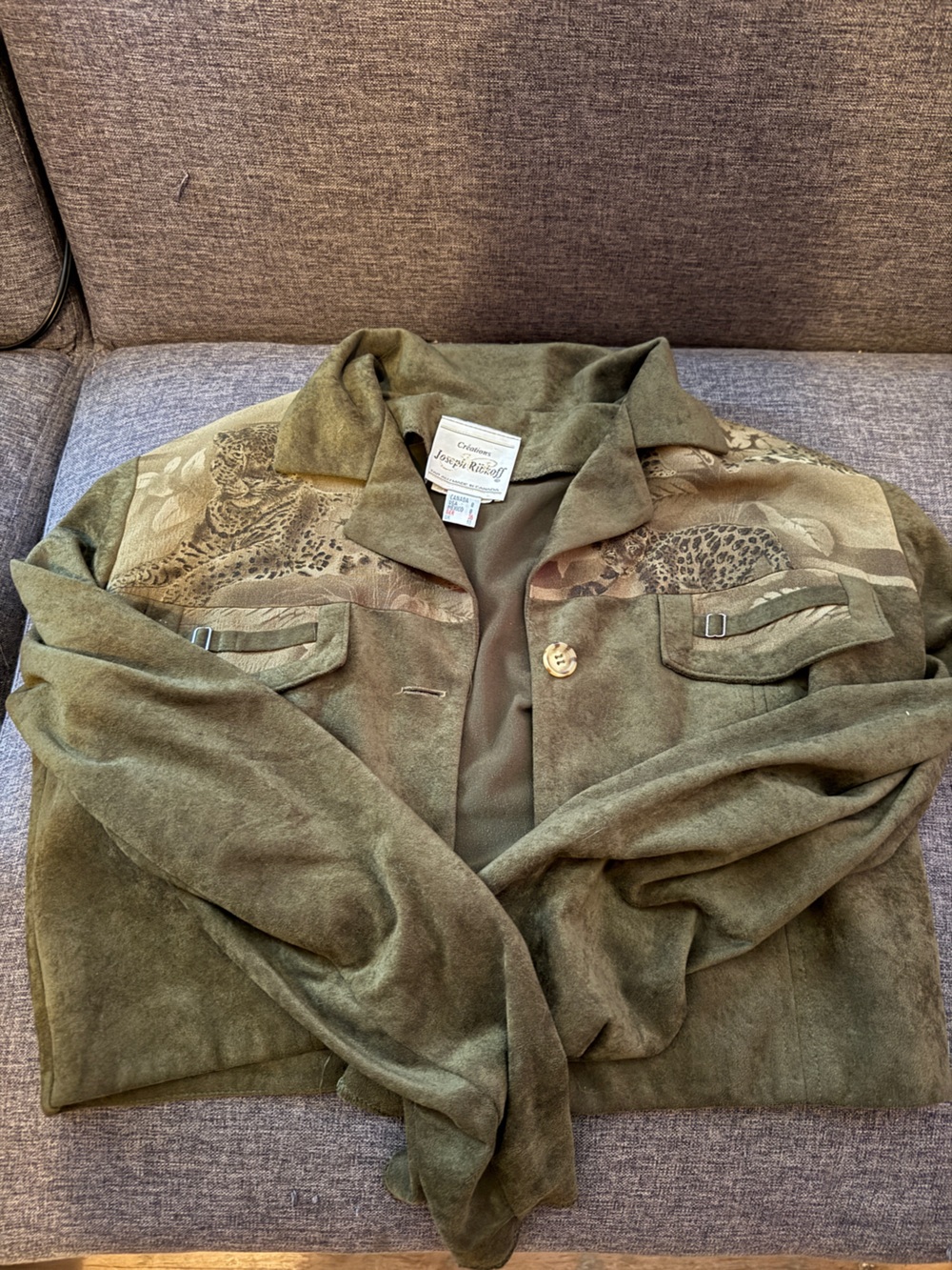 Vintage Joseph Ribkoff Olive Green Suede Blazer with Leopard Print Panels